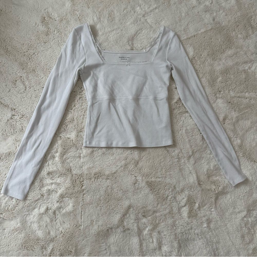 American Eagle Outfitters White Lace Edge long sleeve top with milkmaid hem